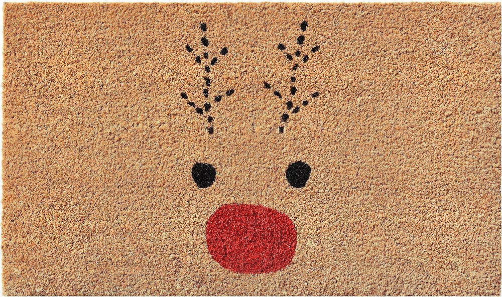17" X 29" Natural Black and Red Coir Reindeer Outdoor Christmas Door
